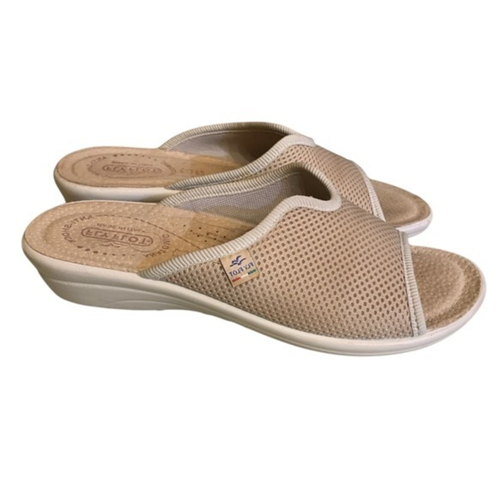 Fly Flot Ladies Size 40 US 9 Tan Fabric Mules Casual Rubber Comfort Slides Italy - Picture 3 of 12
